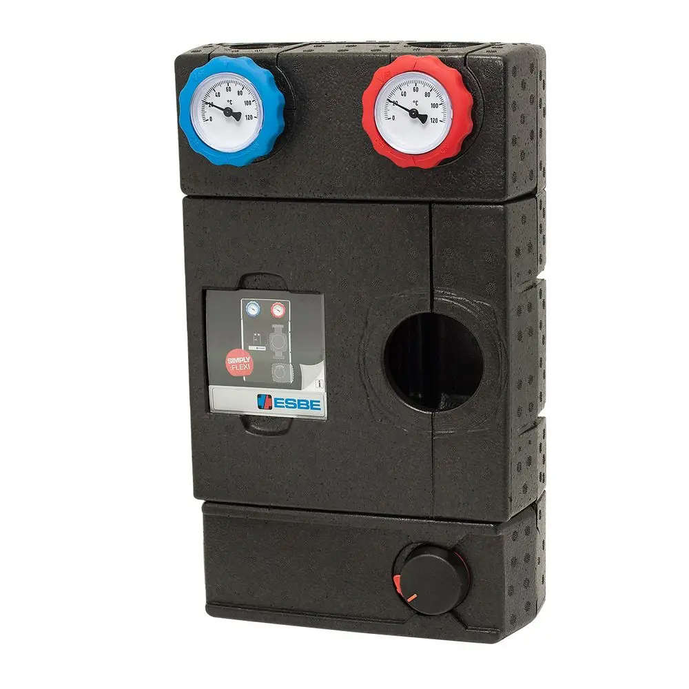 Schwarze Pumpengruppe mit zwei Druckanzeigen, einem Einstellrad und einer Anzeige. Es handelt sich um ein Produkt der Marke ESBE.